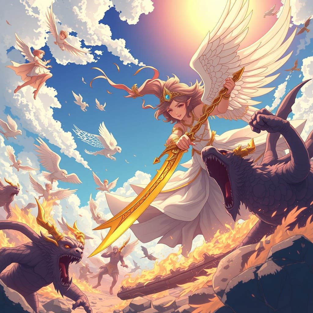 Goddess Battles Cookie Monster Demon in Anime Style