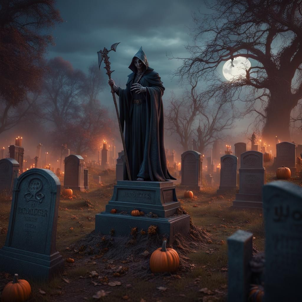 Halloween Grave Digger in Cemetery: Detailed Matte Painting