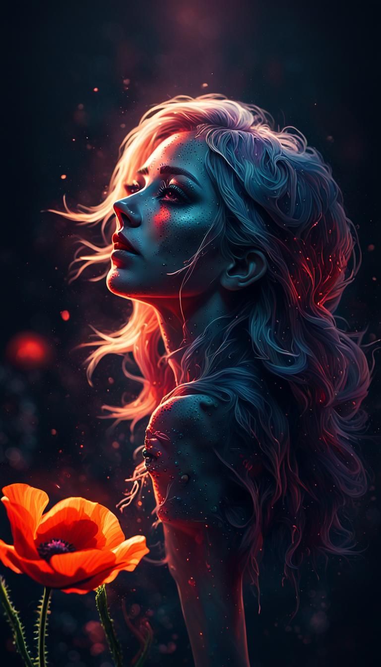 Hyperrealistic Poppy with Neon Light Effects