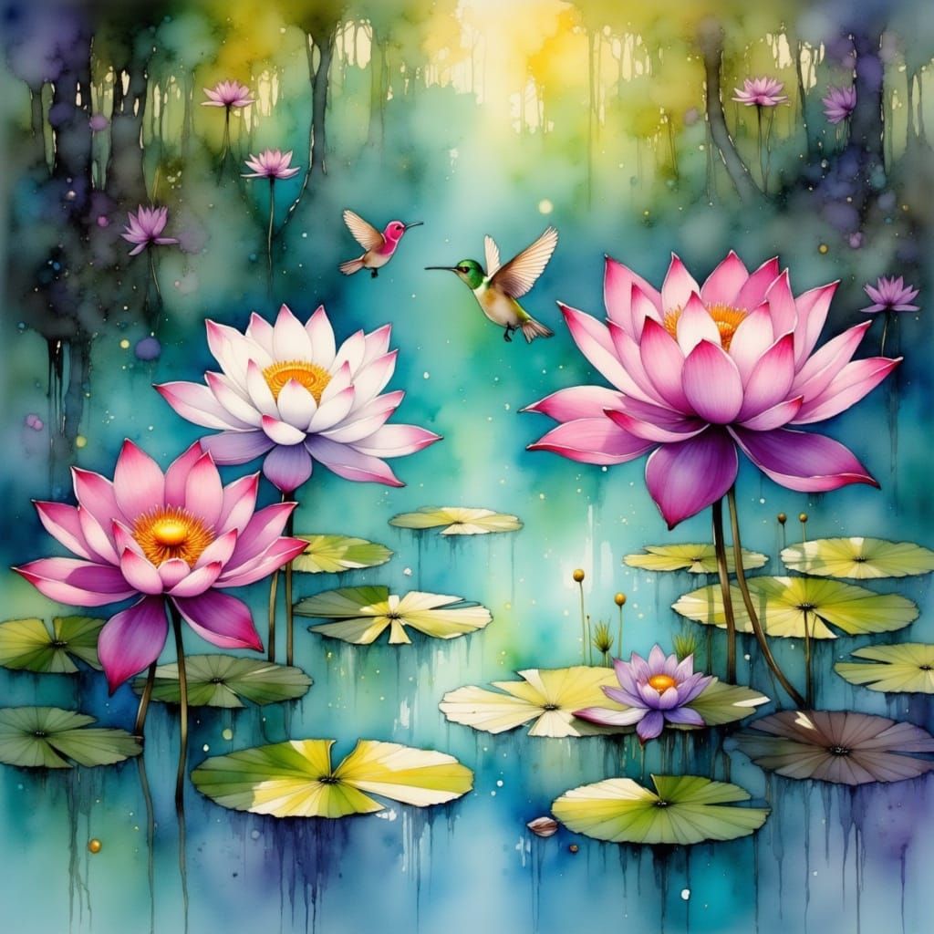 <lora:Flux - Painterly:1.0> "Large lotus flowers" floating around a Pond, vibrant colours of pink, white, purple and ora...