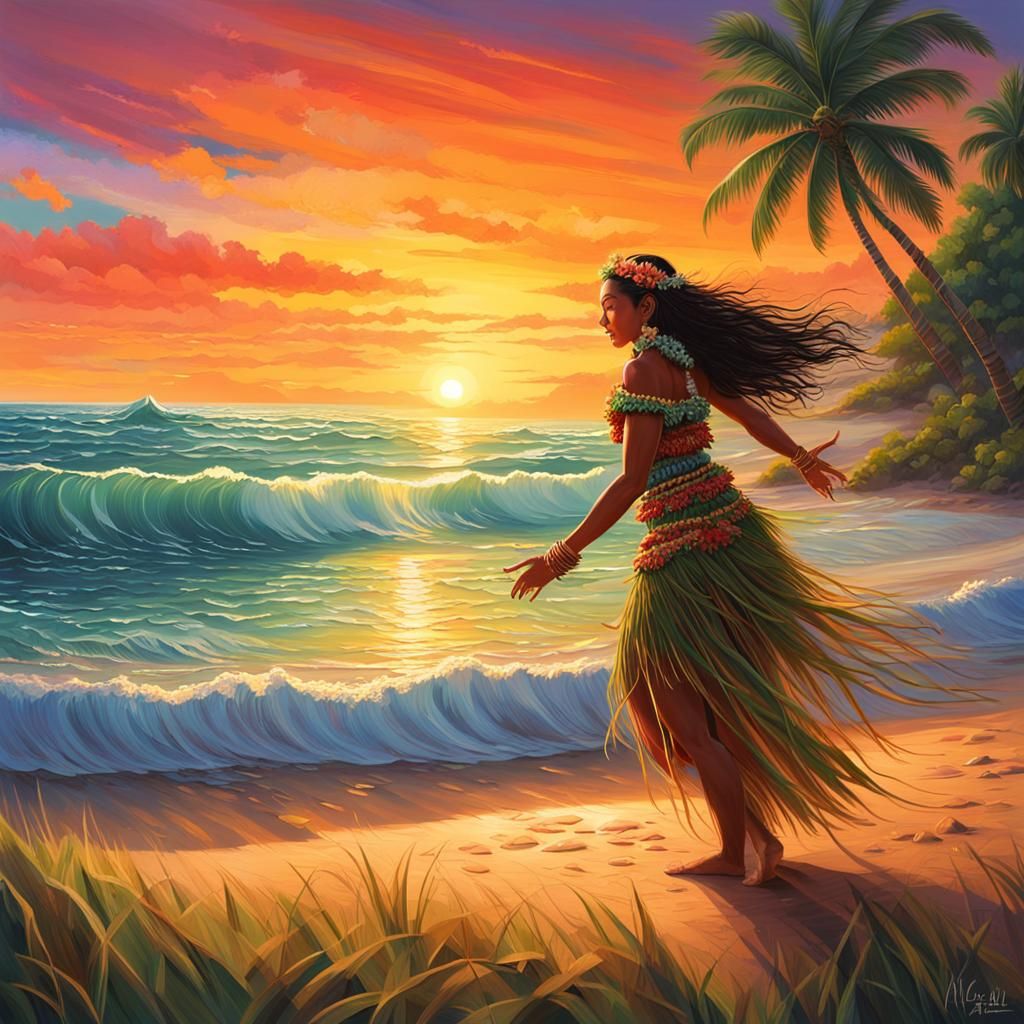 Tropical Sunset Hula Dancer on the Beach