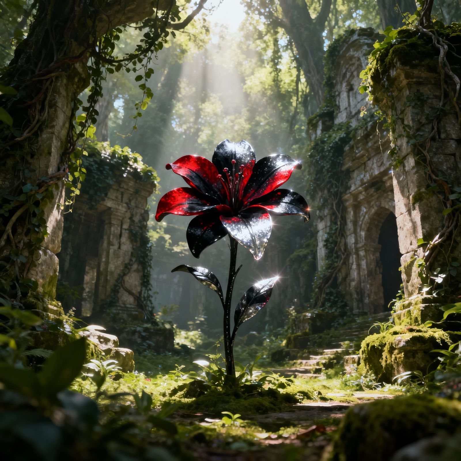 Majestic Red Black Silver Flower in Enchanted Forest Ruins