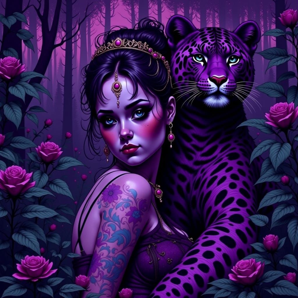 Purple Jungle Princess with Leopard, Fantasy Art
