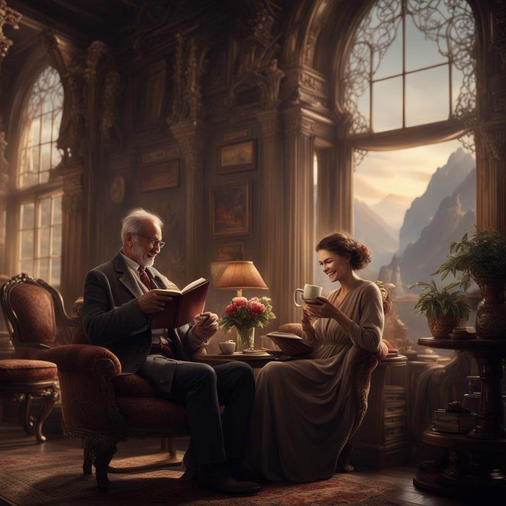 Smiling Couple Reading with Tea: Digital Matte Painting