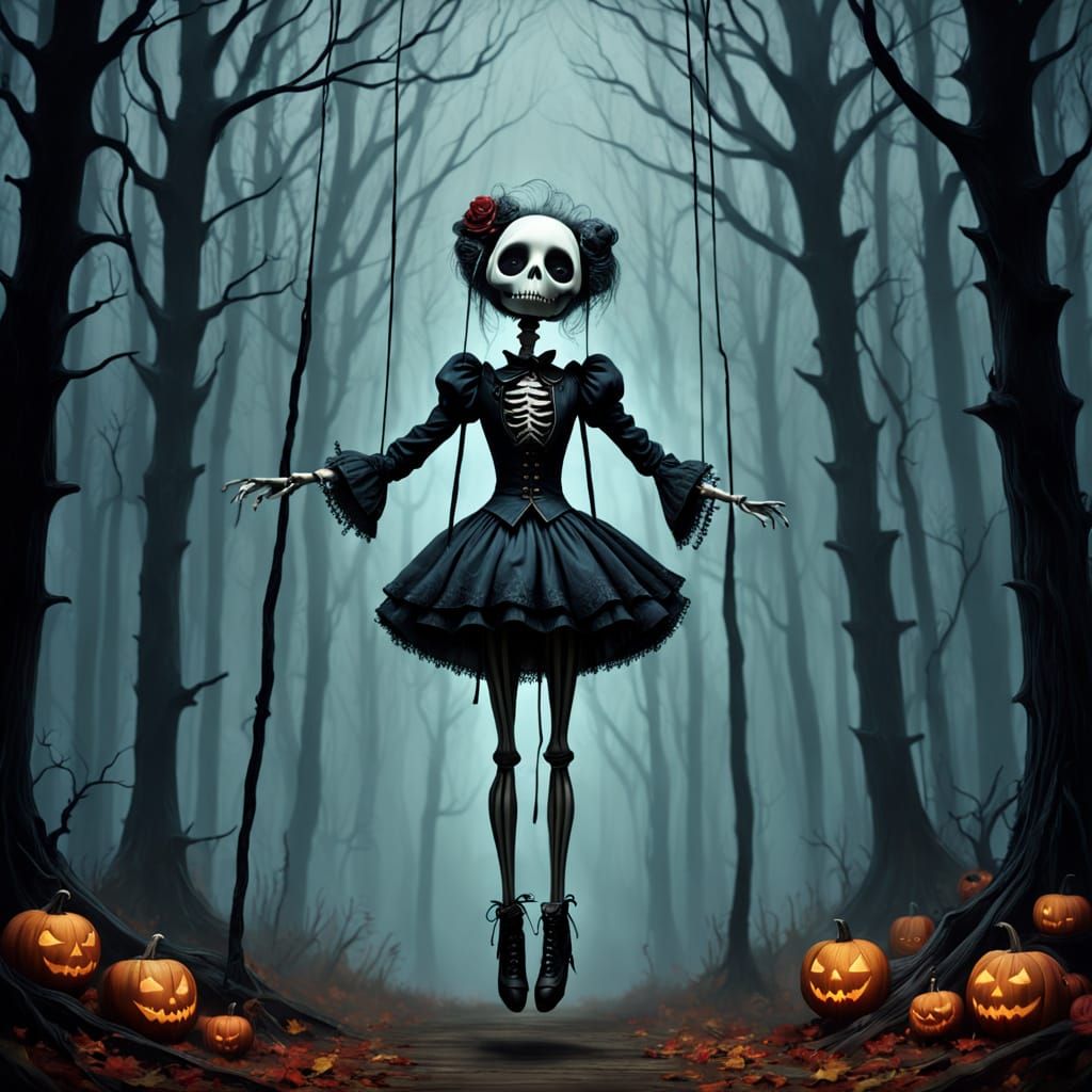 Creepy Marionette Dances With Ghost in Autumn Forest