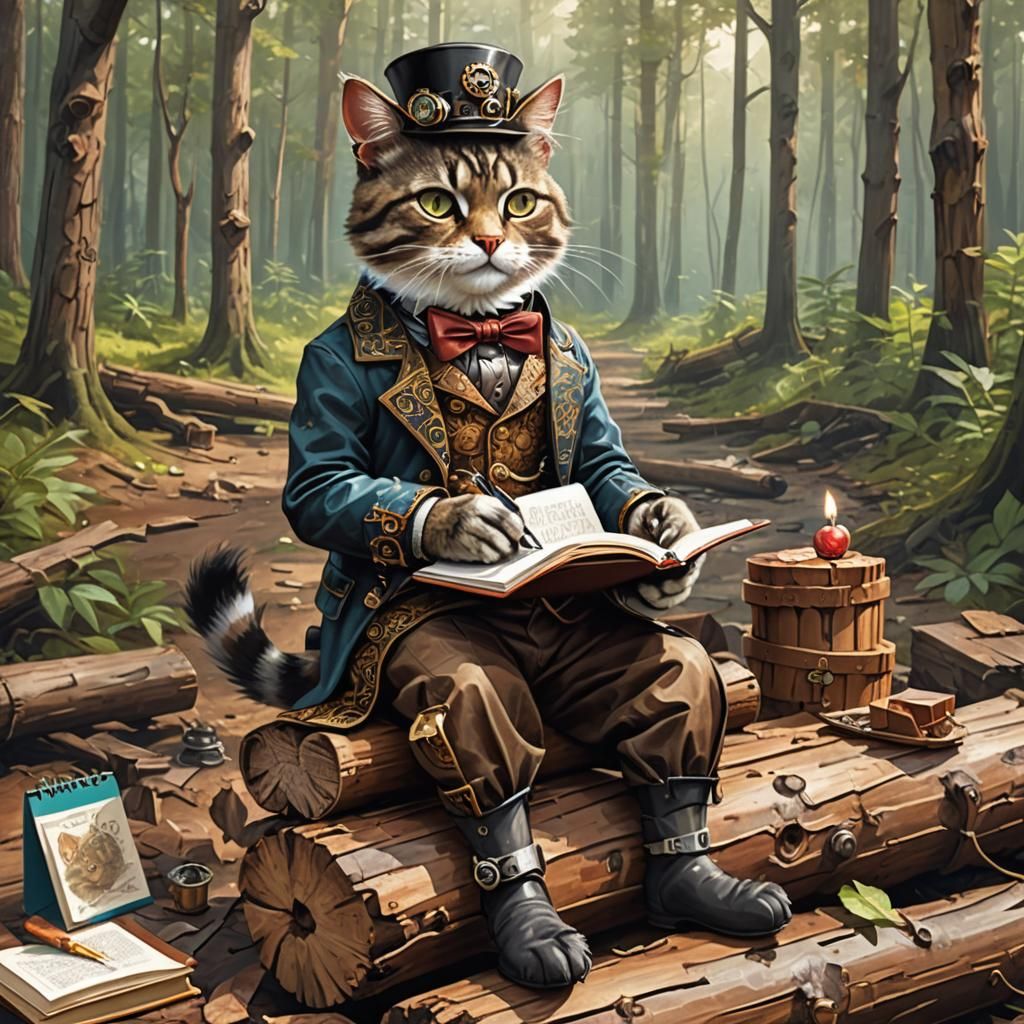 Steampunk Cat in Forest: Cubist Storybook Illustration