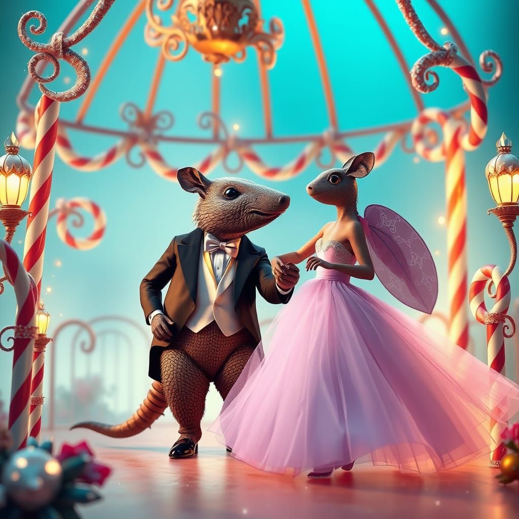 Elegant Armadillo Waltzes with Ladybug in Whimsical Gazebo