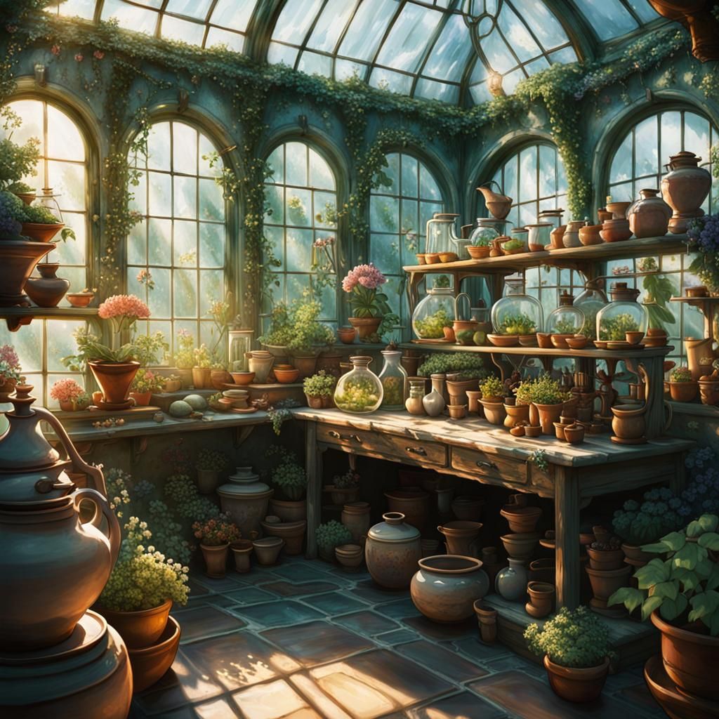 Sorceress in Greenhouse: Studio Ghibli Anime Style