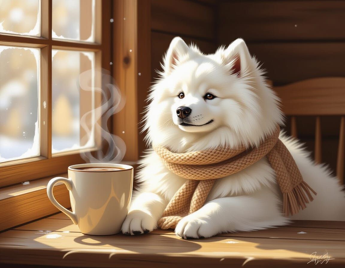 Fluffy Samoyed Dog with Scarf and Hot Chocolate