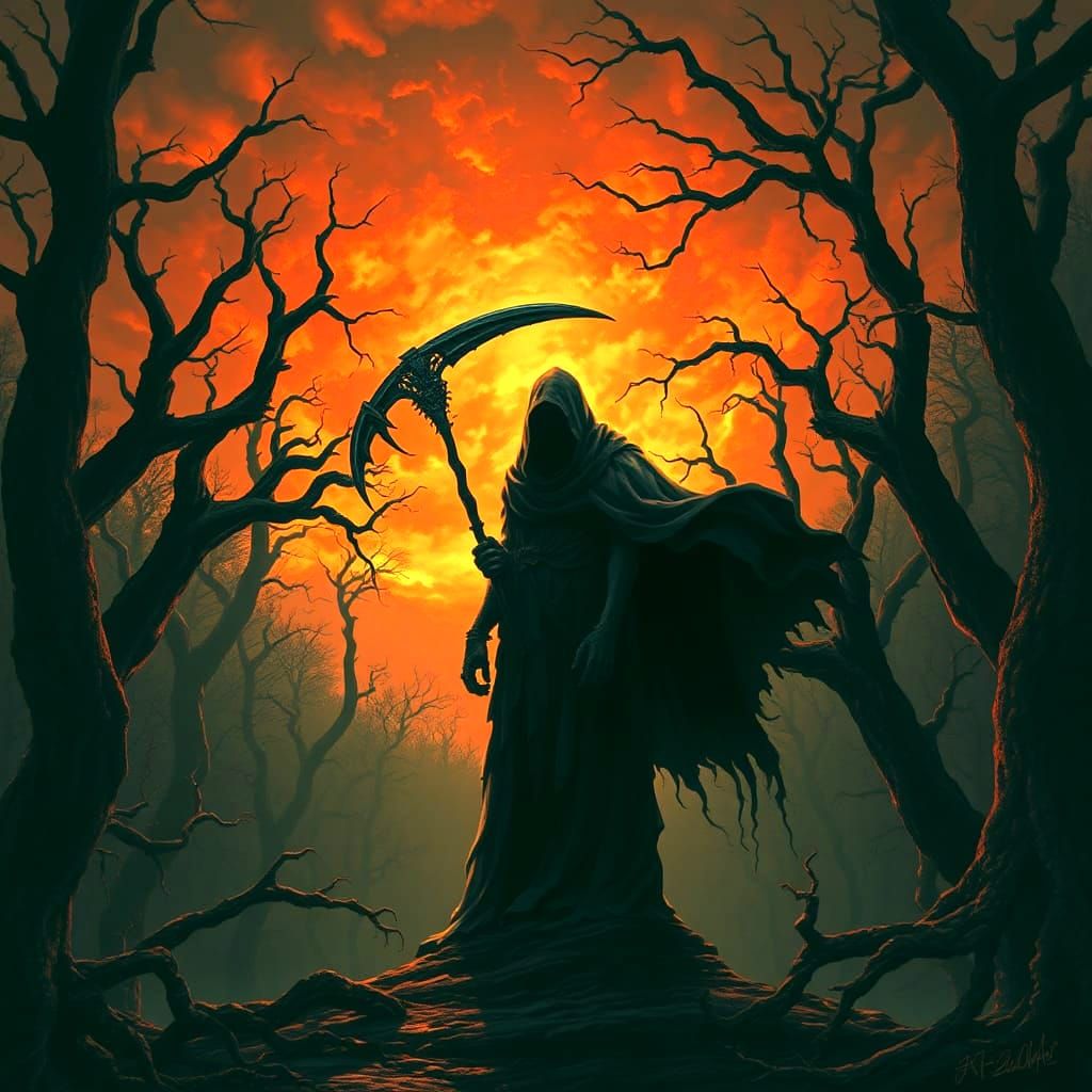 Grim Reaper in Dark Forest: Detailed Matte Painting