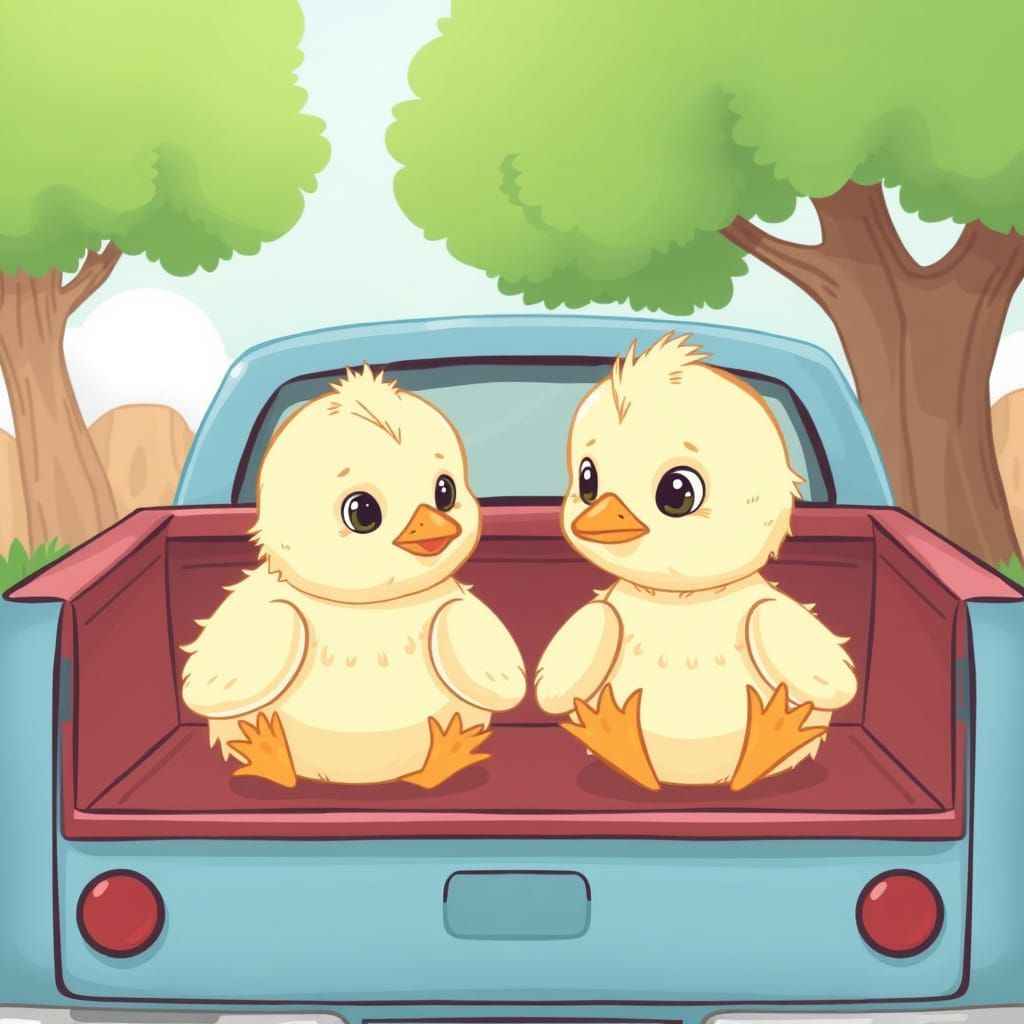 Two Giant Baby Chicks Ride in a Pickup Truck