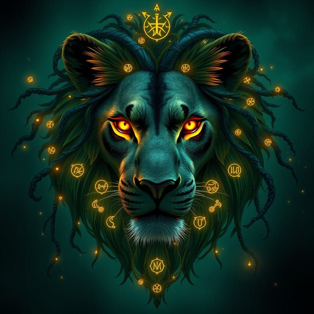 Majestic Lion Wrought with Ethereal Vines and Glowing Runes