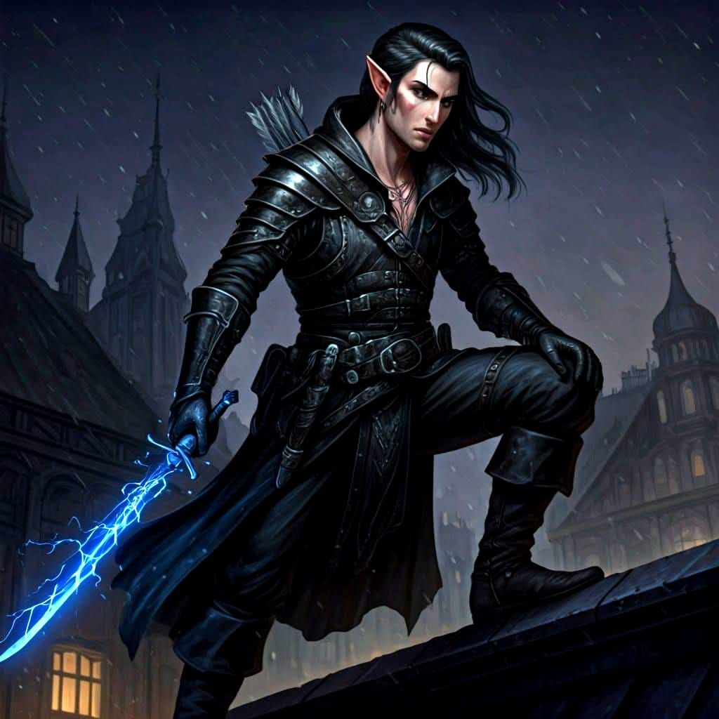 Half Elf Rogue on Rooftop with Lightning Sword