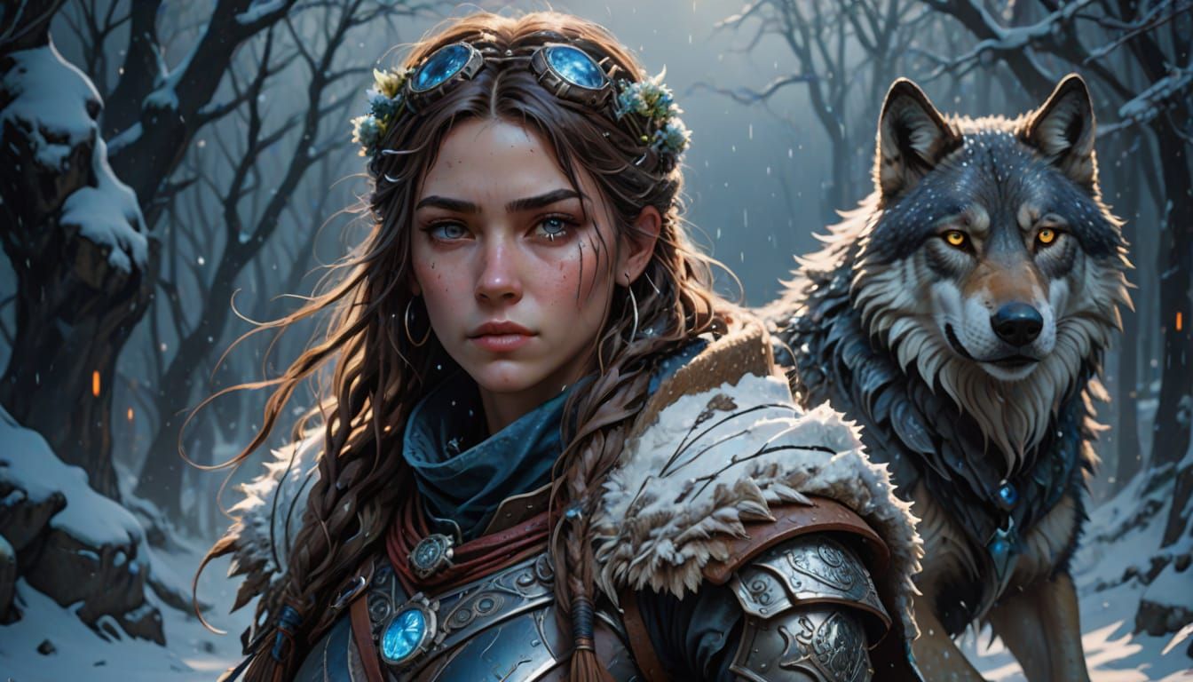 Warrior Girl with Wolf Pup in Blizzard, as Digital Art