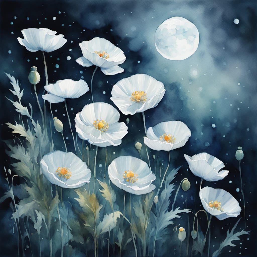Ethereal Watercolor Poppy in Moonlight