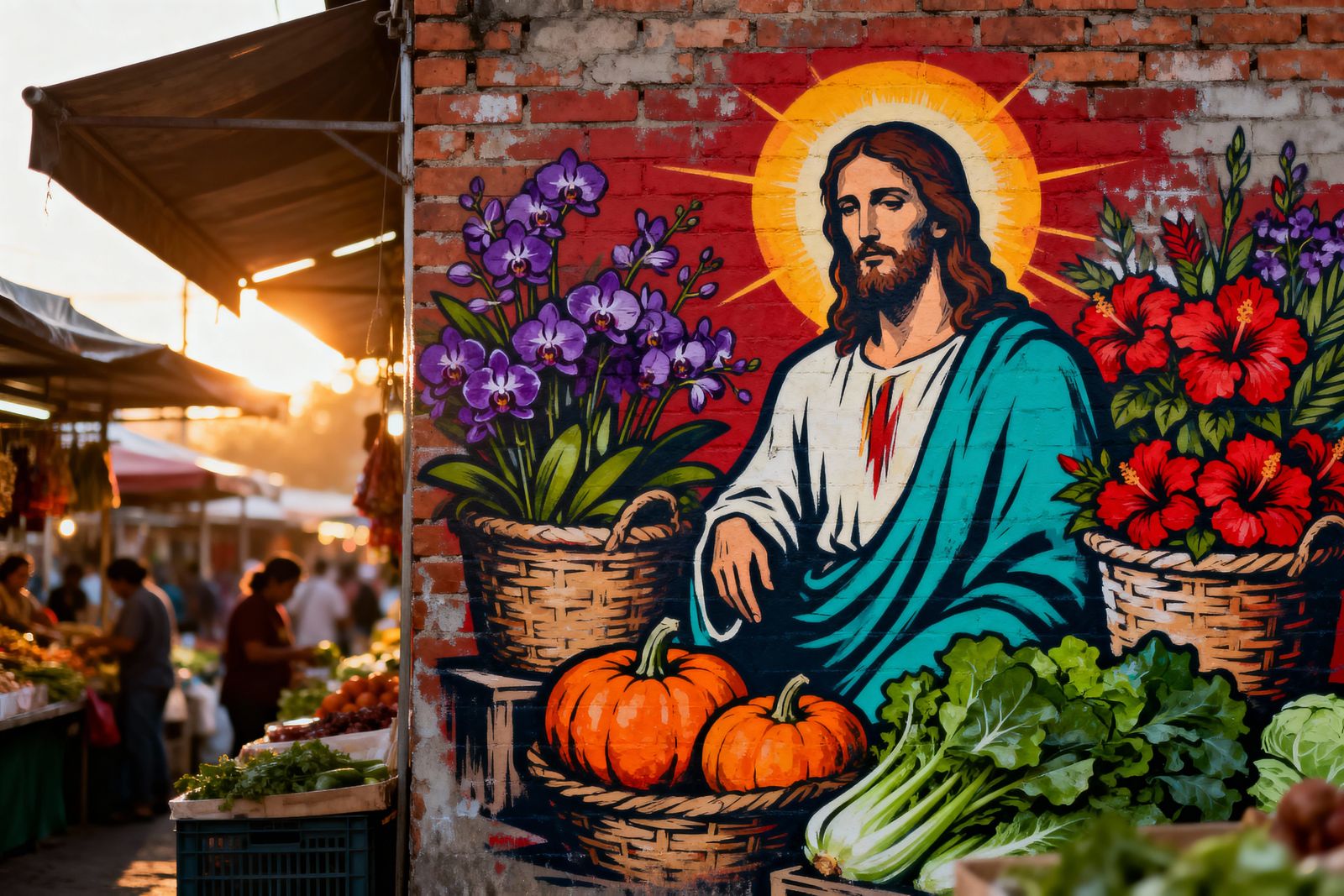 Vibrant Street Art: Jesus in Dawn Marketplace