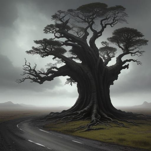 Ancient Tree Divides Desolate Road Concept Art