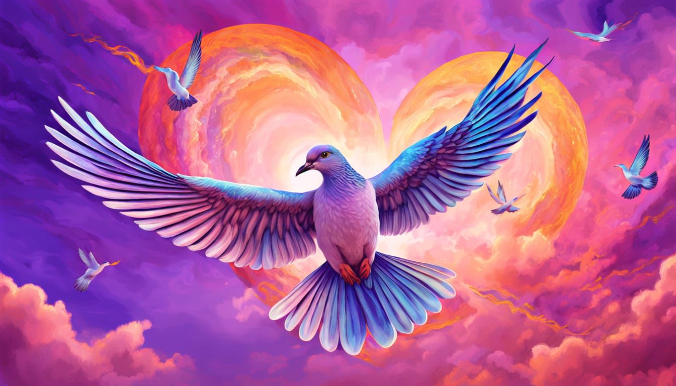 Majestic Doves in Flight, Forming a Heart Shape Against a Ho...