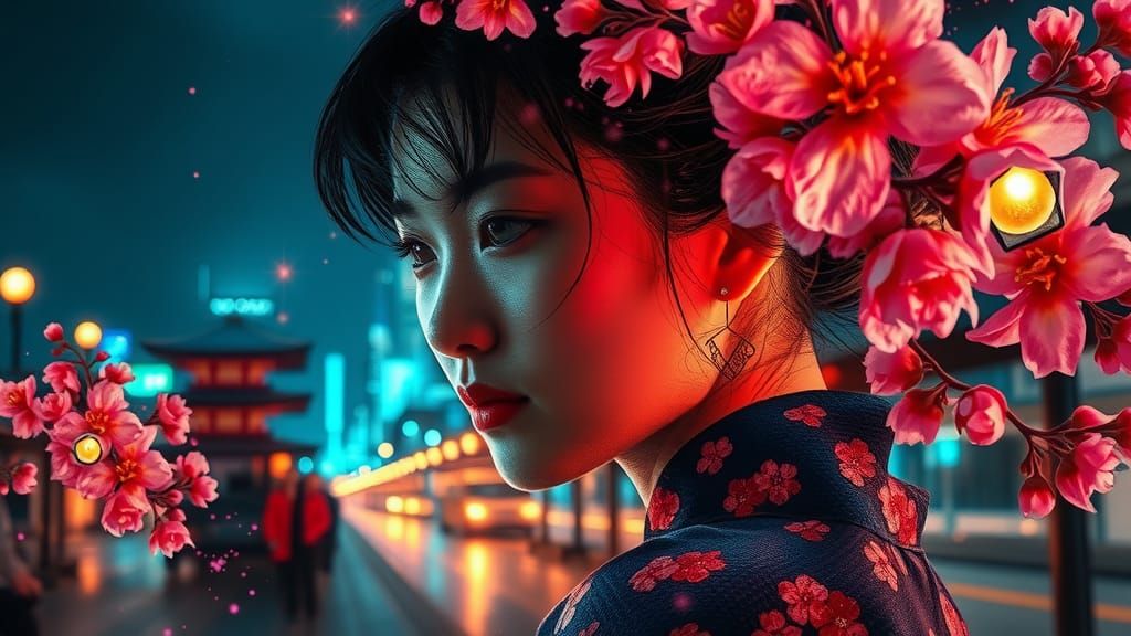 Japanese Woman Double Exposure with Cherry Blossoms