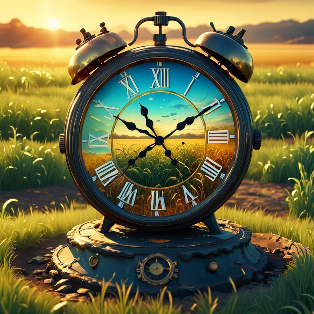 Surreal Melting Clock in Golden Field: Dreamlike Digital Art