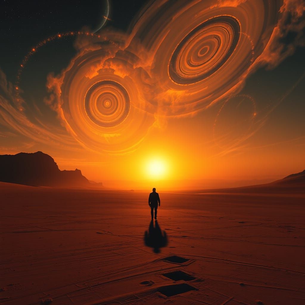 Alien Desert Wanderer Under Twin Suns in Surreal Style