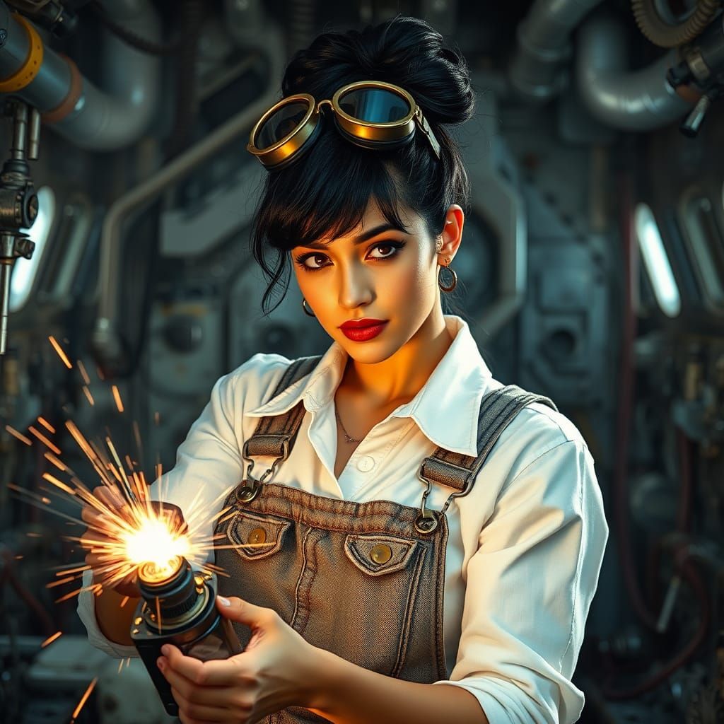 Steampunk Mechanic Welds Spaceship with Goggles