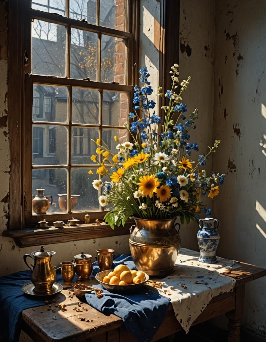 Dried Flowers on Butcher Table, Hyperrealist Painting