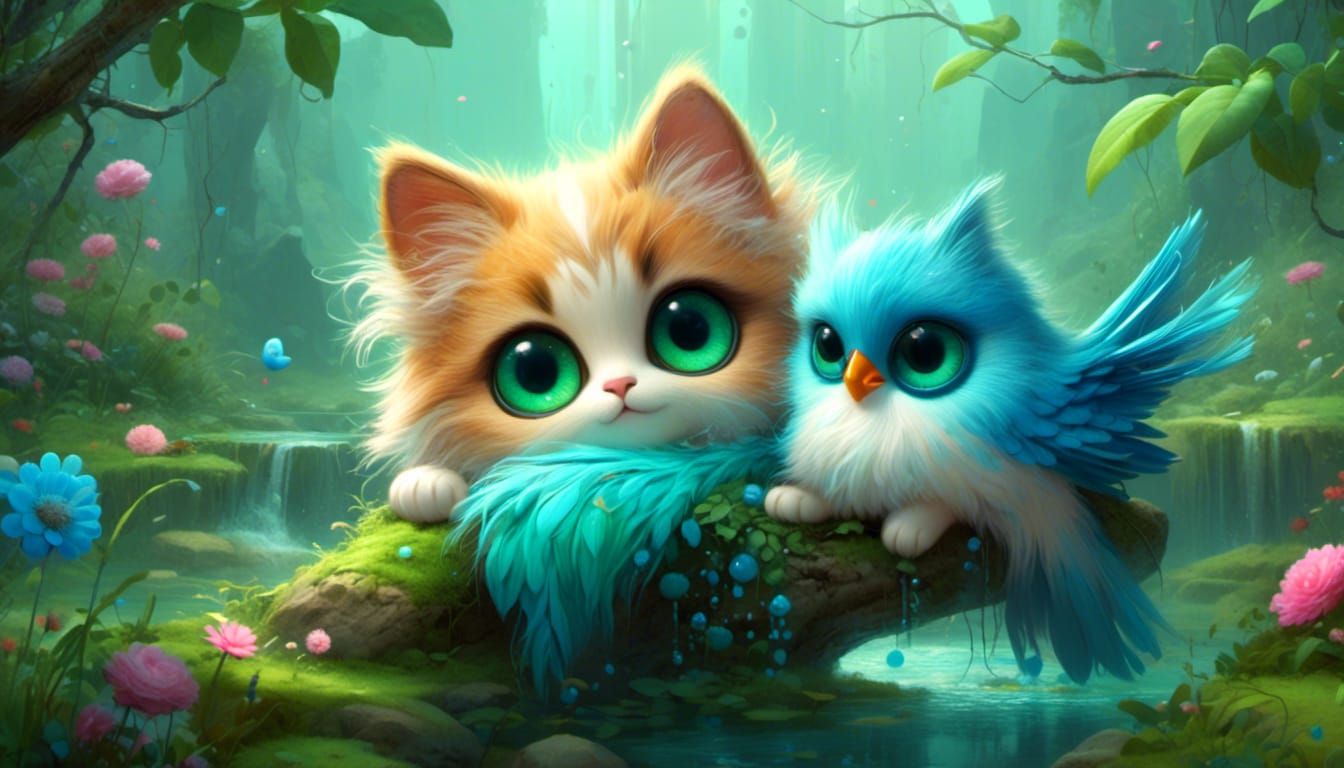 <lora:Ultra Cute:1.0> super cute chibi cat with green eyes h...