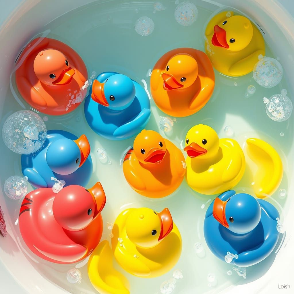 Vibrant Rubber Ducks in Whimsical Bathtub Scene