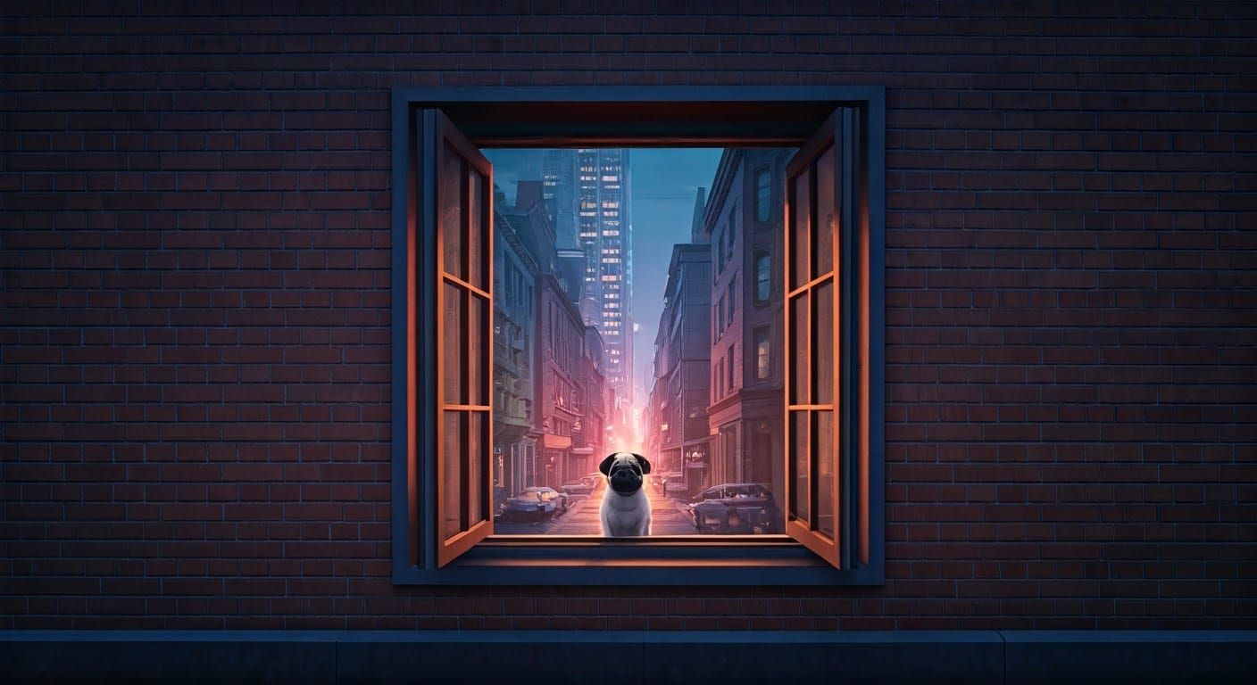 Pug Perched in Window Frame Dividing City View