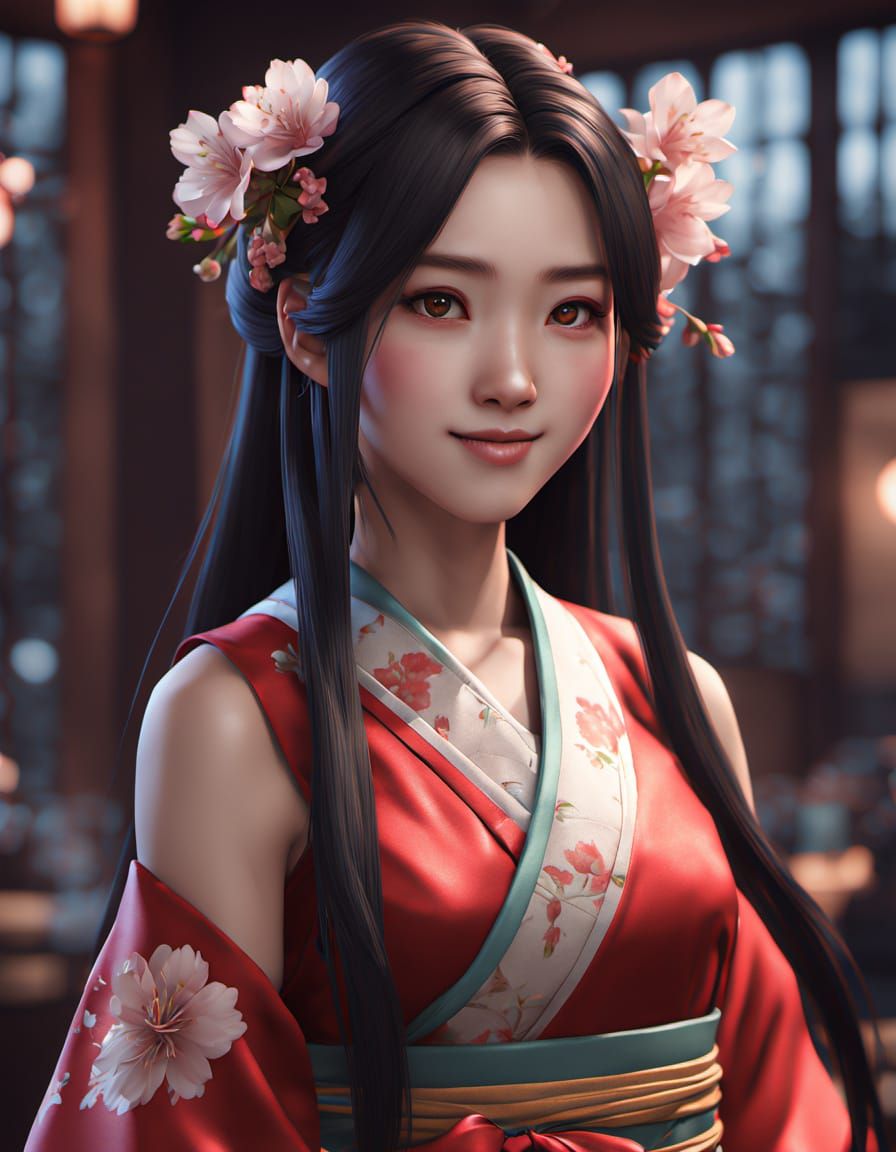 Japanese Woman in Silk Dress: 3D Anime Portrait