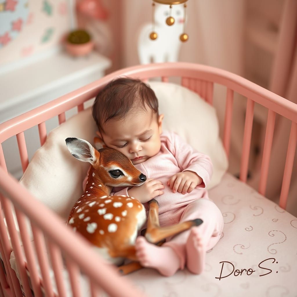 Baby and Fawn Sleeping in Dreamy Nursery
