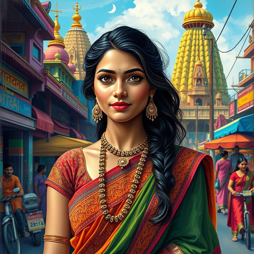 A Young Indian Woman in Traditional Saree Amidst Vibrant Str...