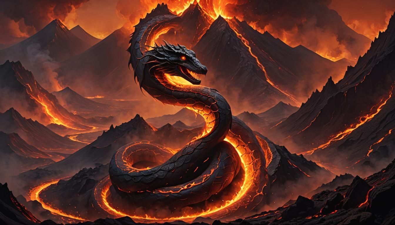 Fiery Serpent Emerges from Volcano in Surreal Art