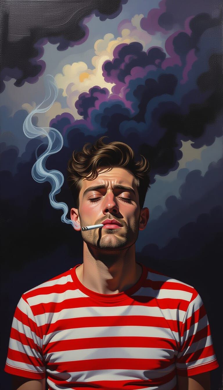 Man in Striped Shirt Smoking Amidst Storm Clouds