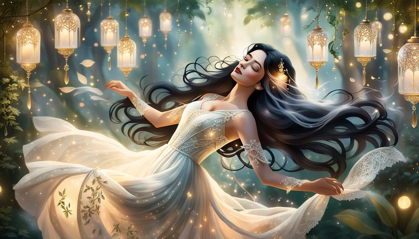Woman in White Gown Floating: Dreamlike Portrait