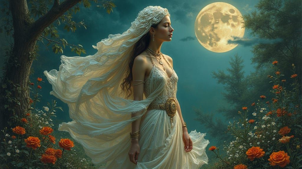 Mystical Woman in Moonlit Garden, Ethereal Art