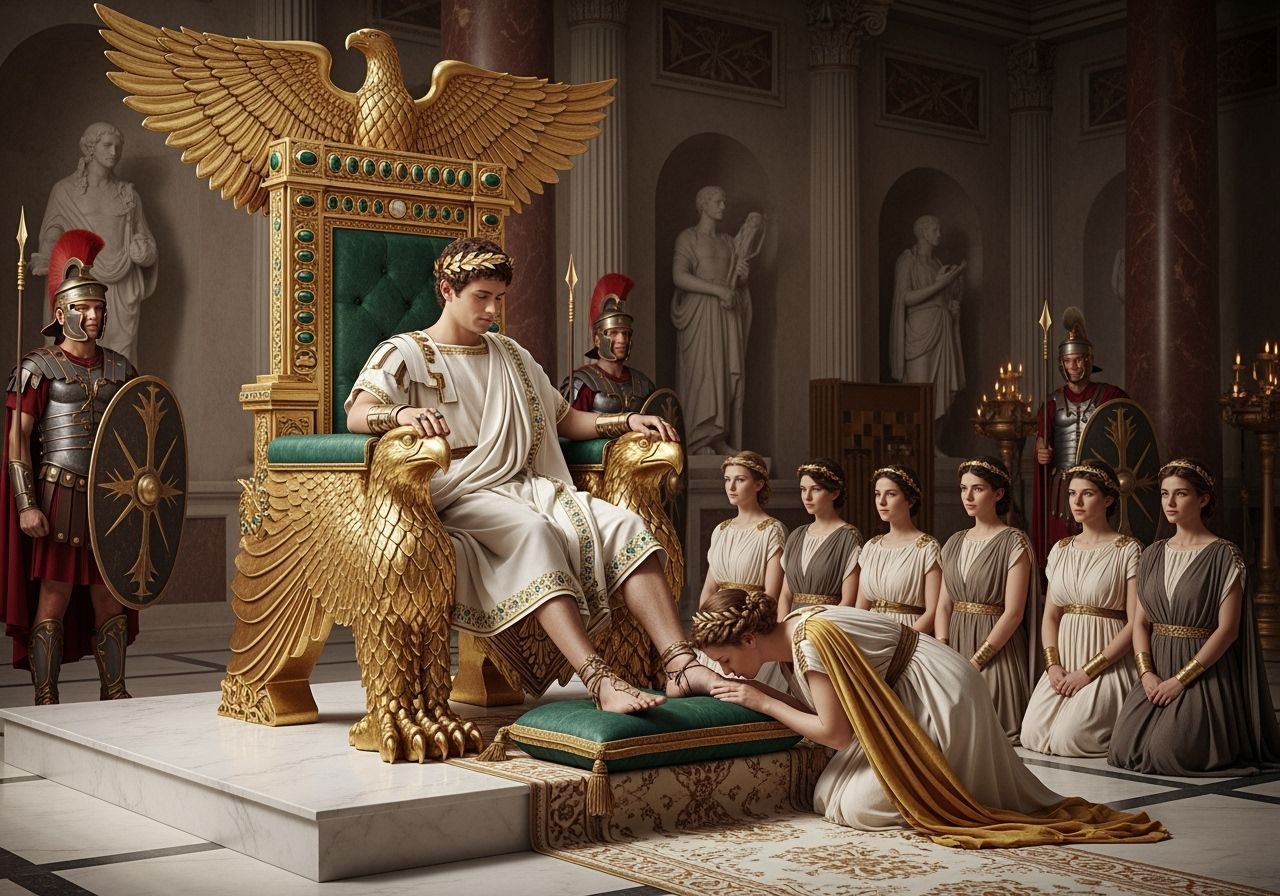 Emperor Nero on Golden Throne: Wide-Angle Photograph