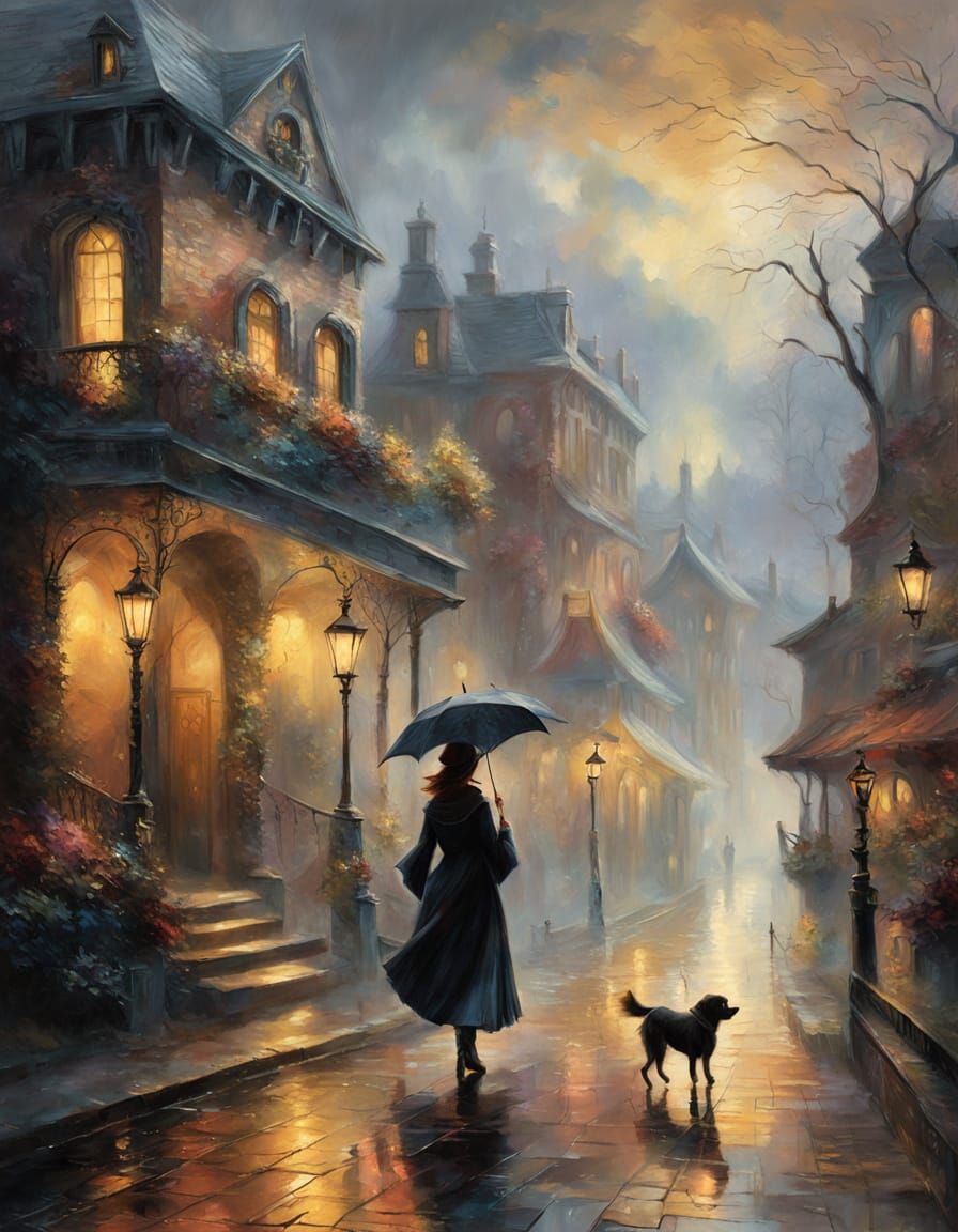 Ethereal Woman Walks Rainy Street: Impasto Gouache Style