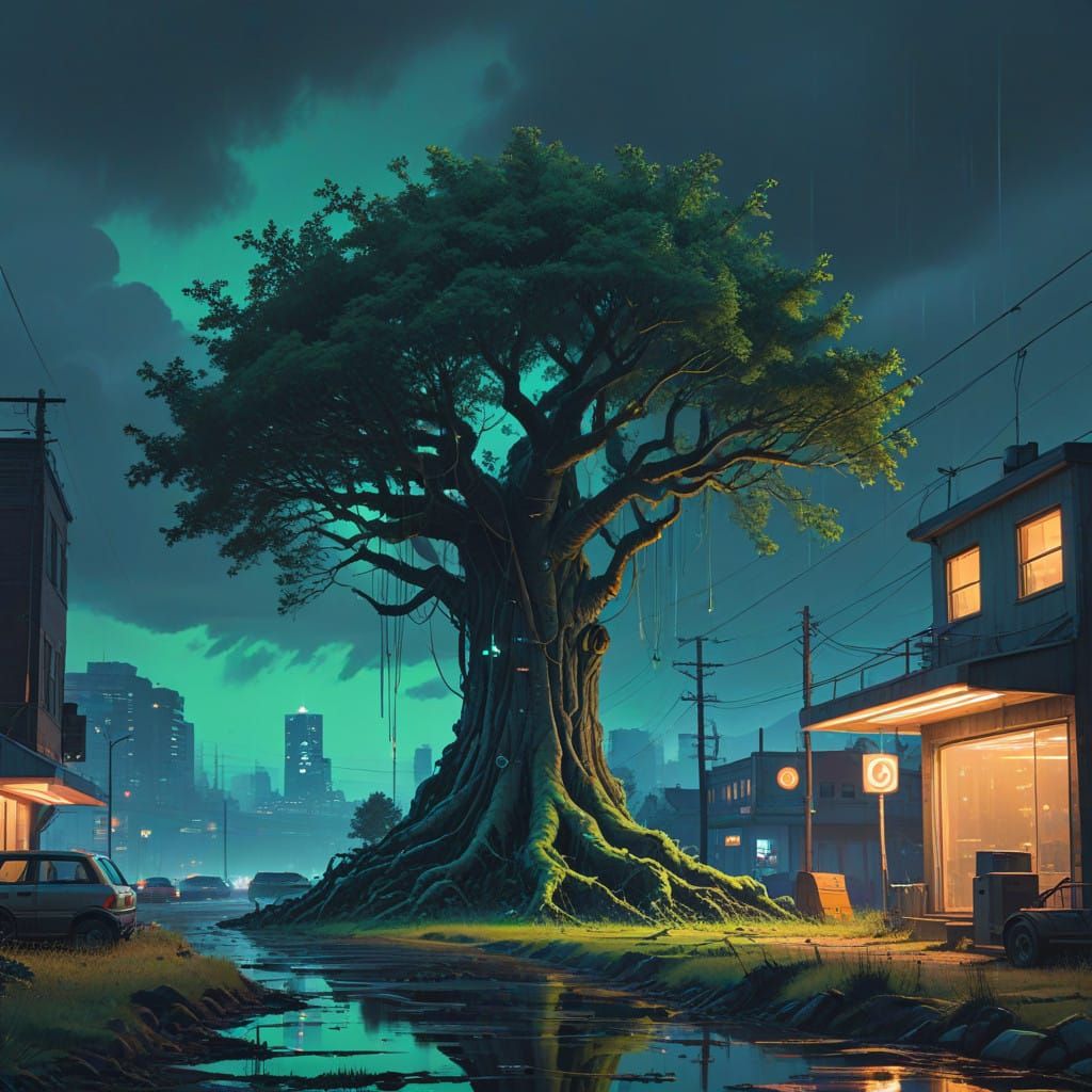 Majestic Tree in Neon Cyberpunk Style