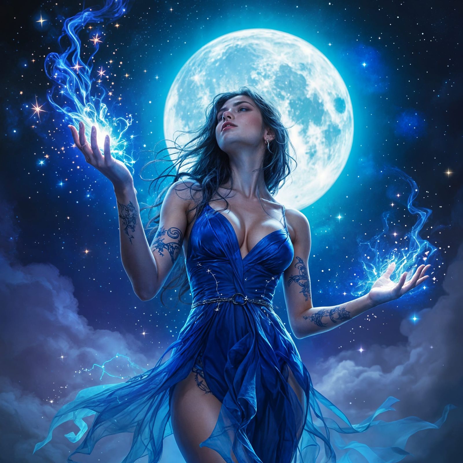 Female Wizard Conjures Magic Under Moonlit Sky
