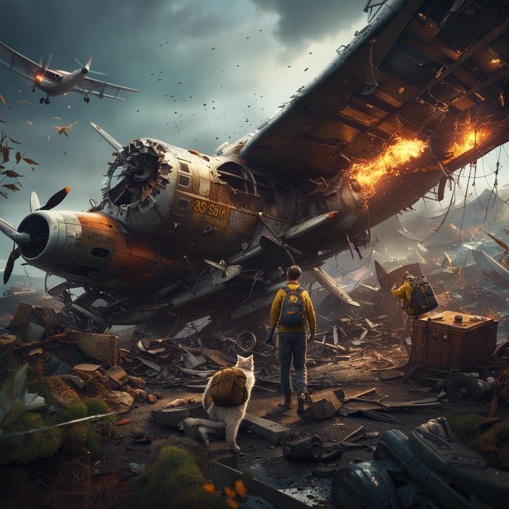 Airplane Crash Survivors with Cat: Fantasy Concept Art