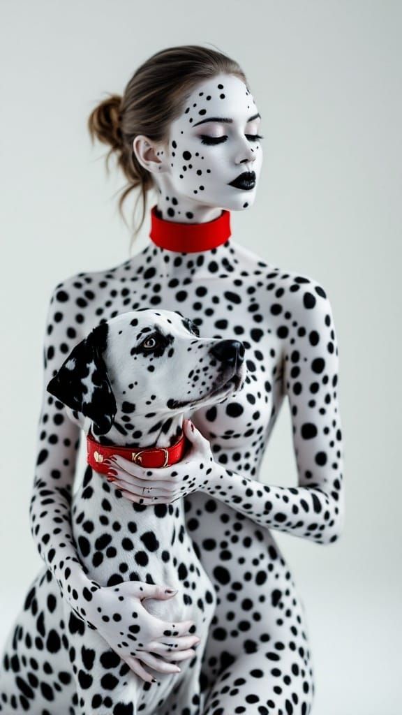 Monochrome Body Art: Woman and Dalmatian in Harmony