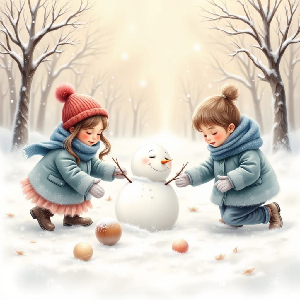 Children Joyfully Build Snowman in Snowy Park