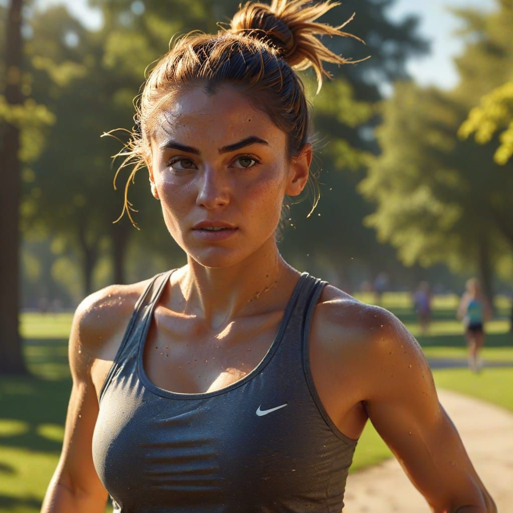 Woman Running in Park: Vibrant Digital Art