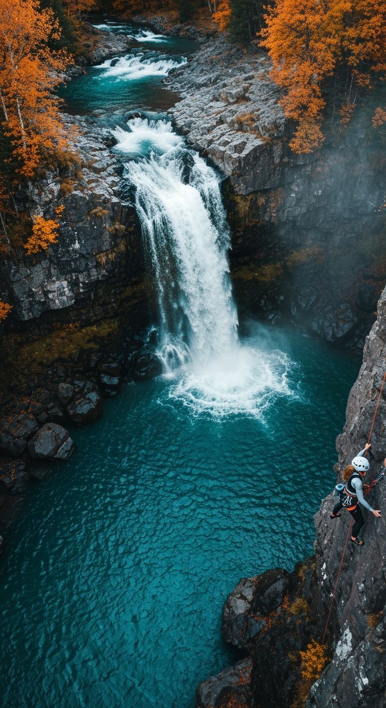 Autumn Waterfall Vista With Climber in Photorealistic Style
