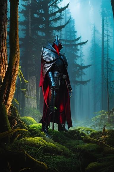 Menacing Masked Knight Emerges from Dark Woods