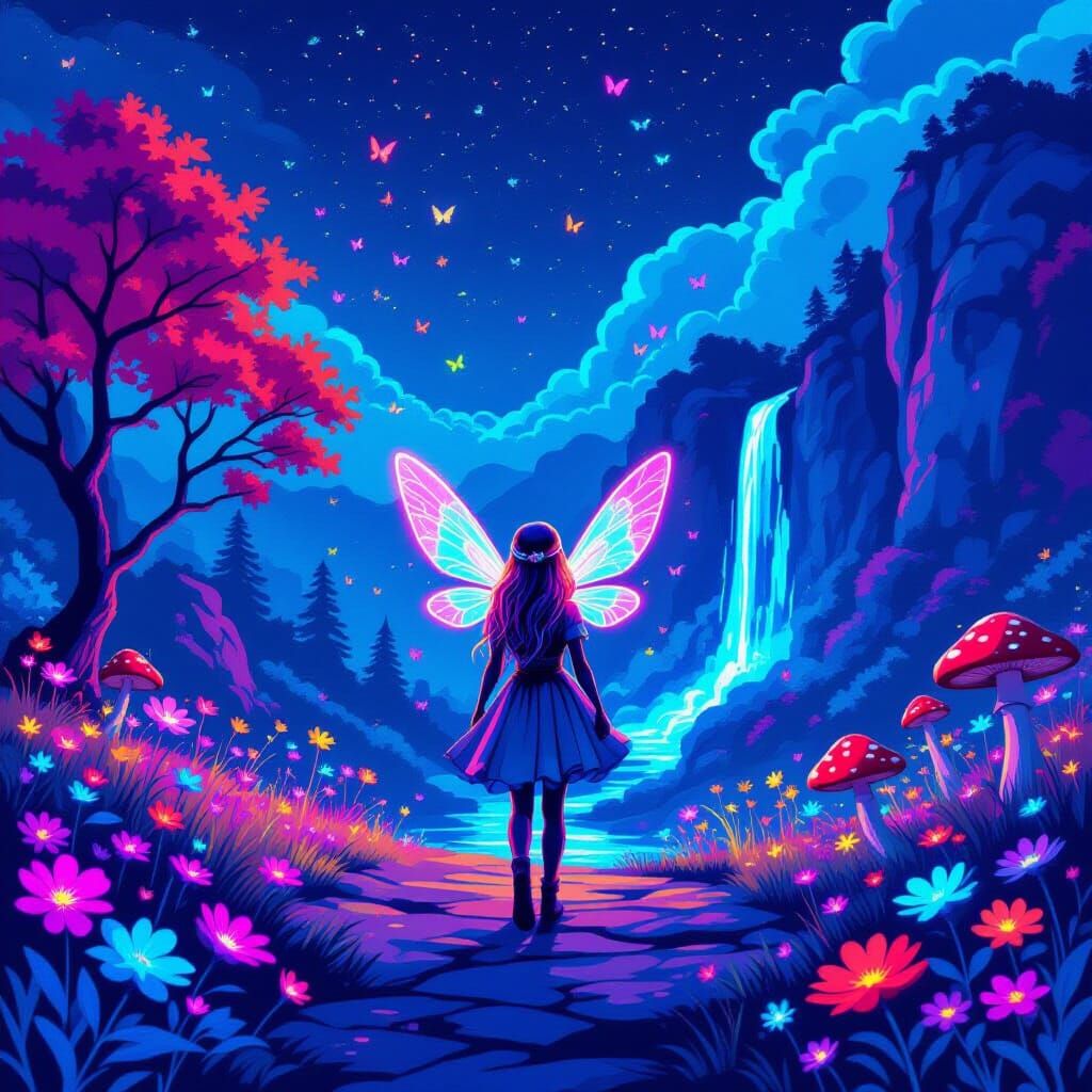 Neon Elf in Fantasy Landscape, Digital Art