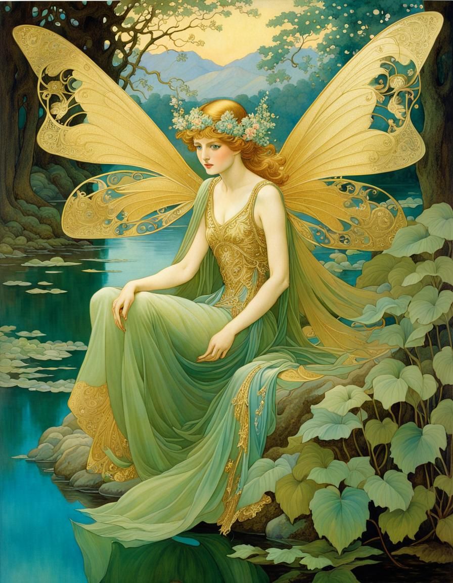 Ethereal Fairy with Gold Wings in Art Nouveau Style