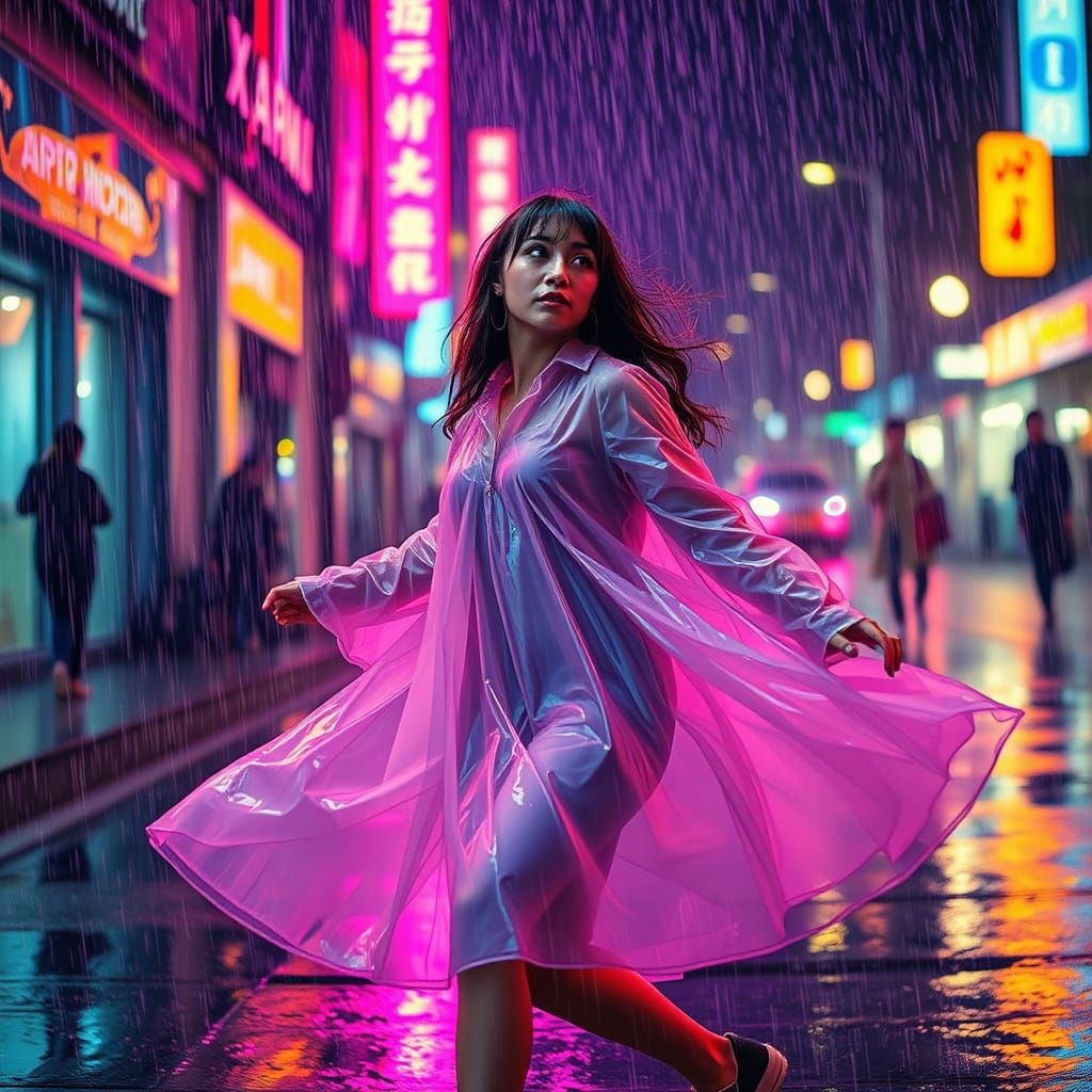 A young woman, dressed in a flowing raincoat, twirls in the ...